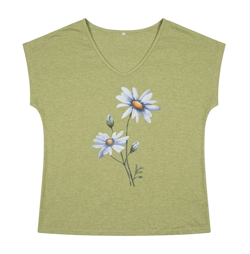 Green Daisy Print V-Neck Top XXL