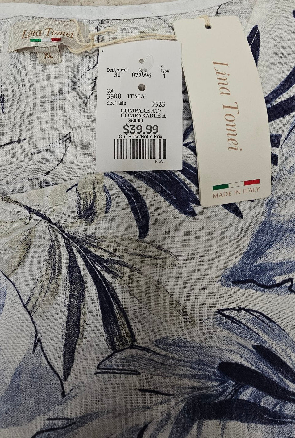 Lina Tomei Blue Leaf Print Linen Top XL