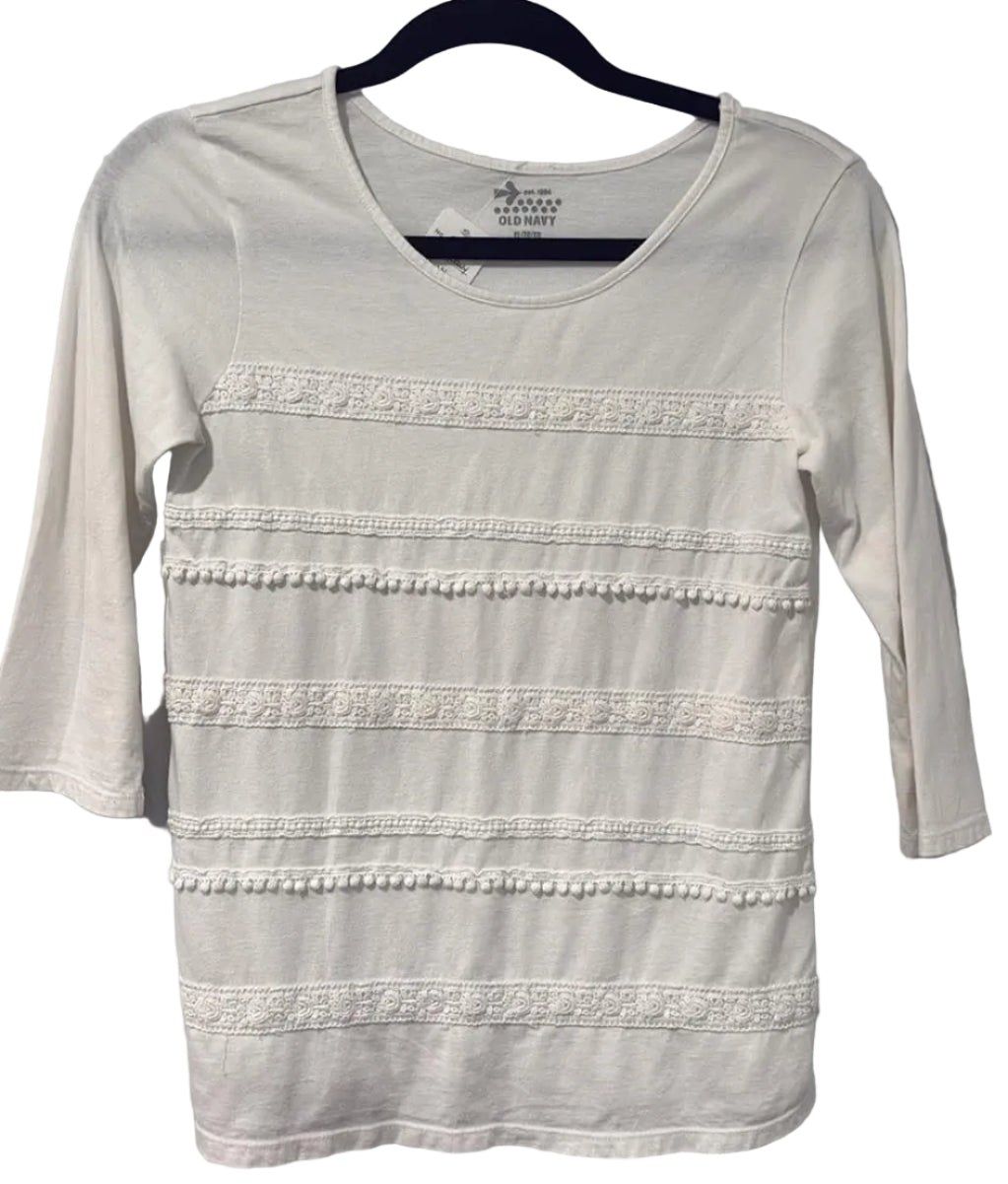 Cream Old Navy three-quarter sleeve top with lace and pom-pom trim