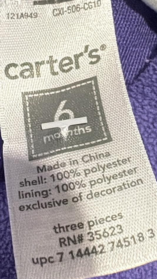 Front of purple Carter’s sleeveless dress with elephant appliqué