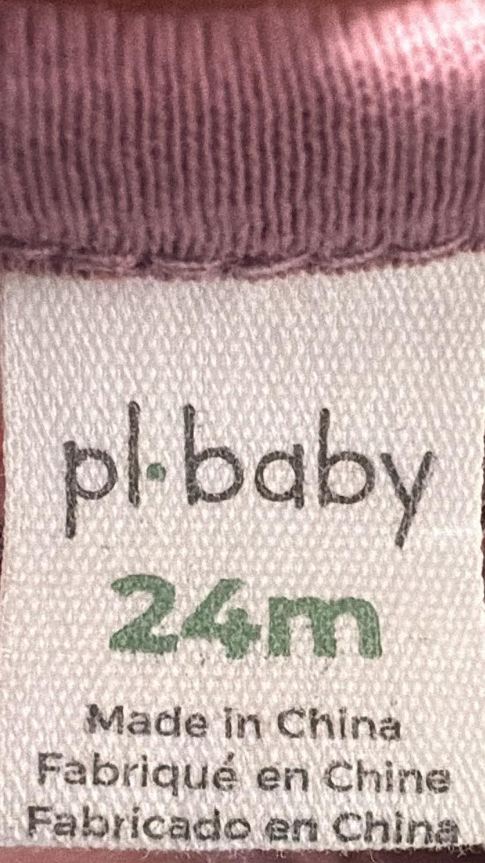 PL Baby set store tag showing size 24 months and price $9