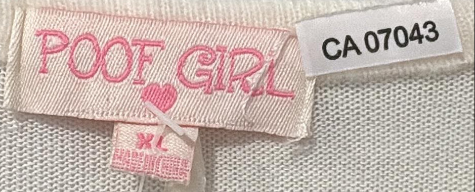Poof Girl brand and XL size label