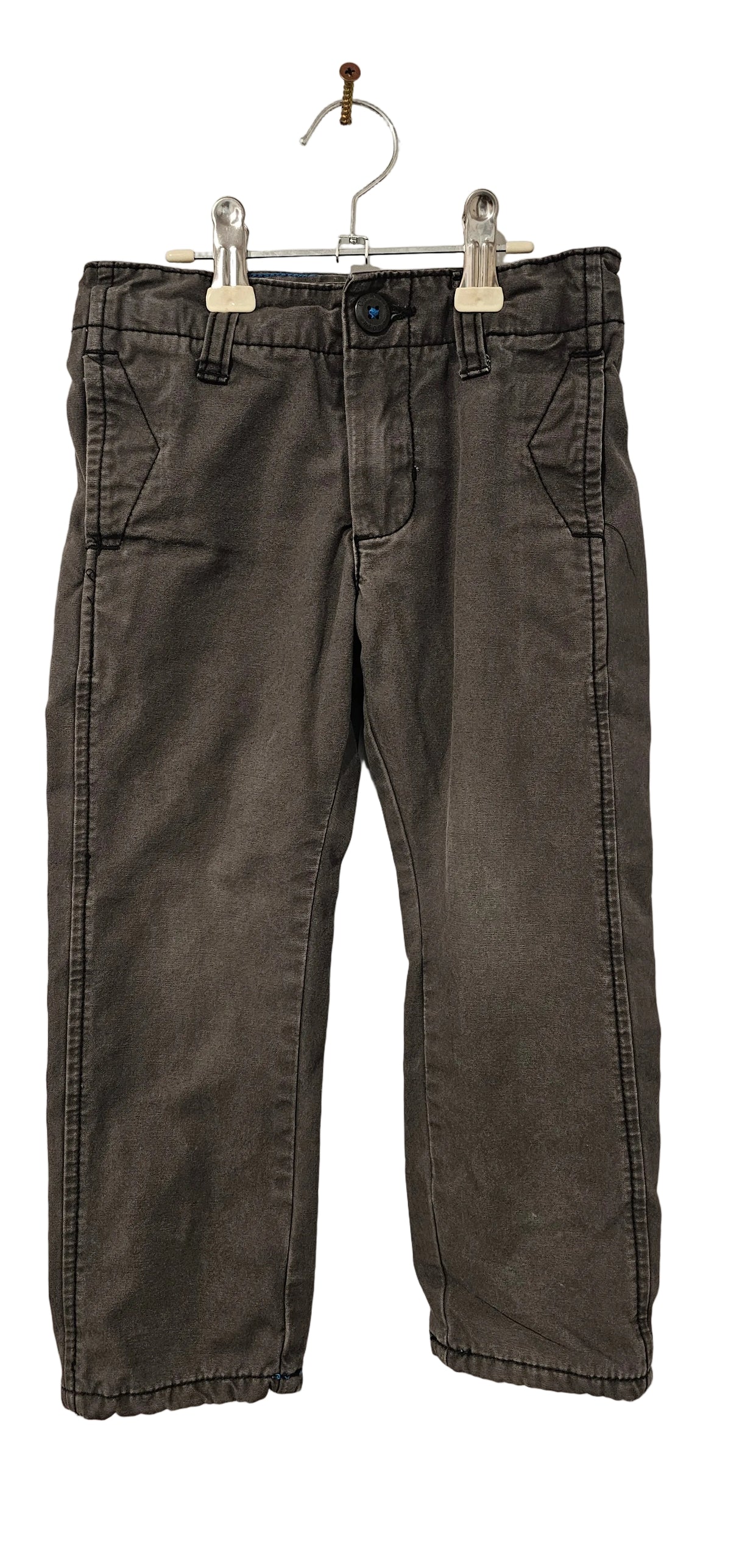 Grey stitched straight leg chino pants on hanger