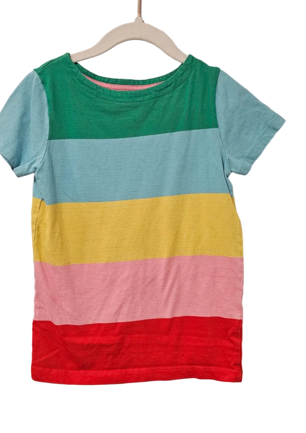 Children's short-sleeve T-shirt with horizontal green, pale blue, yellow, pink and red bands
