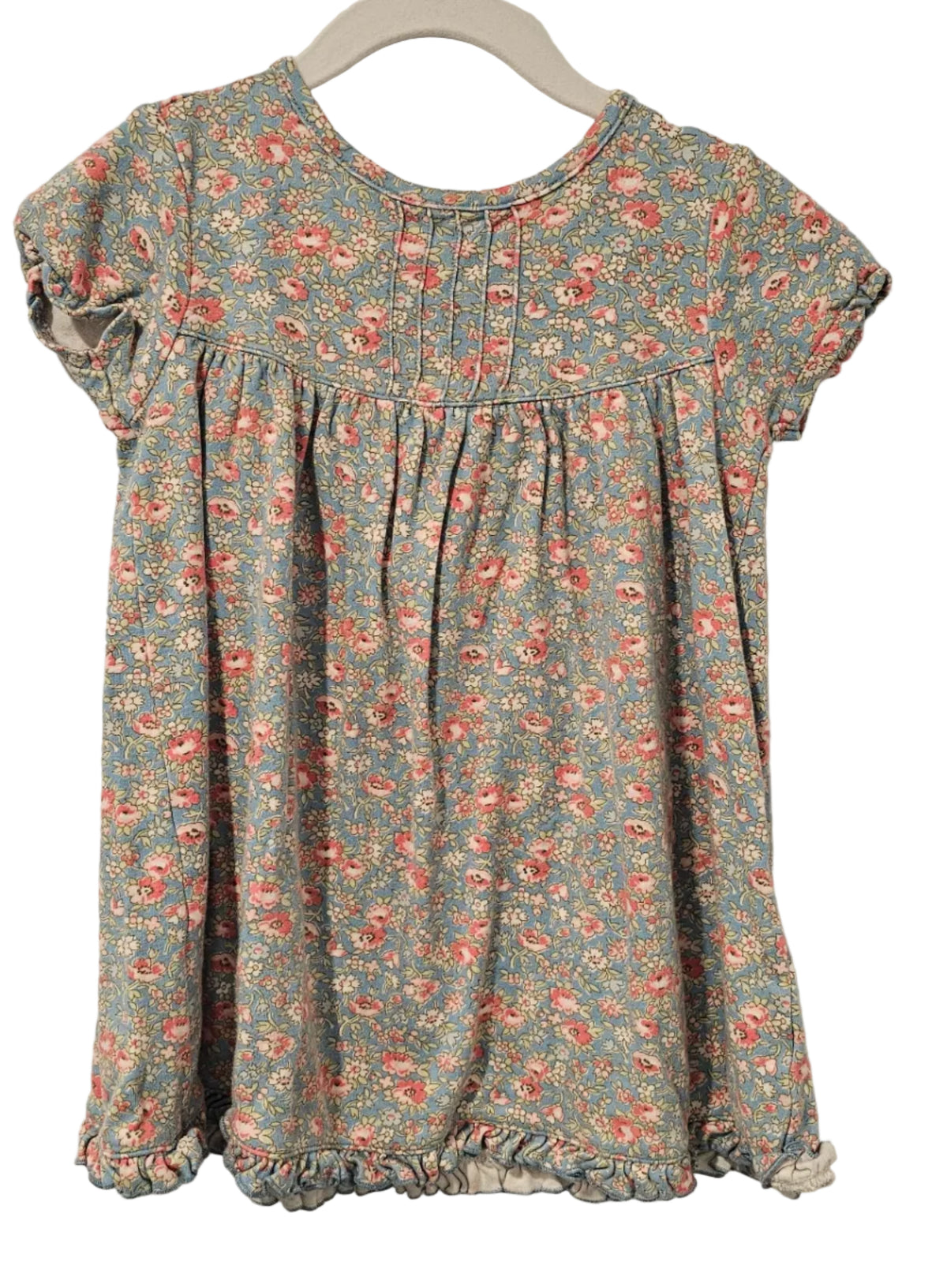 Gymboree short-sleeve toddler dress with small pink and cream floral print, gathered skirt and ruffled hem