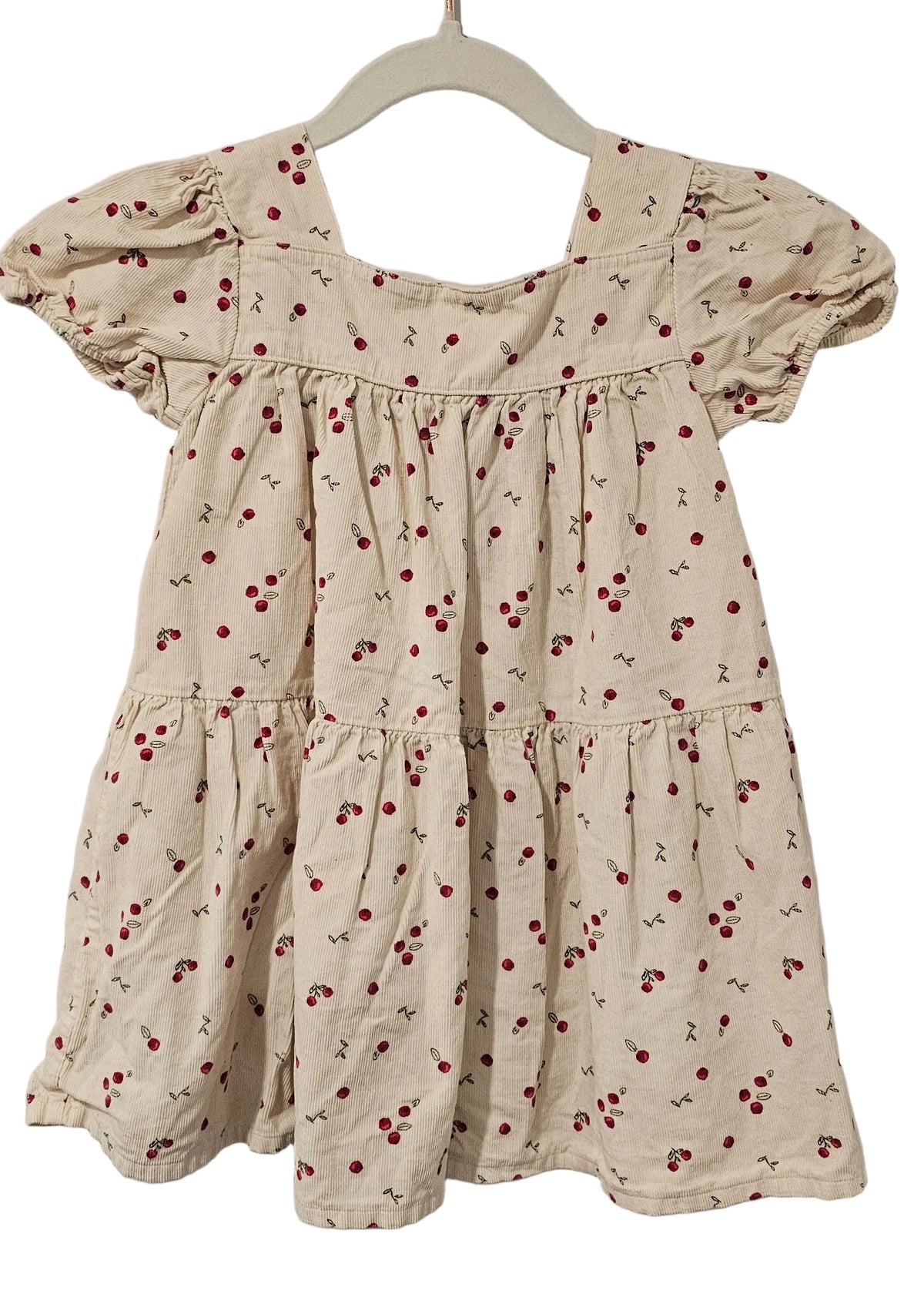 Cream Carter's toddler dress with tiny cherry print, puff sleeves and tiered skirt