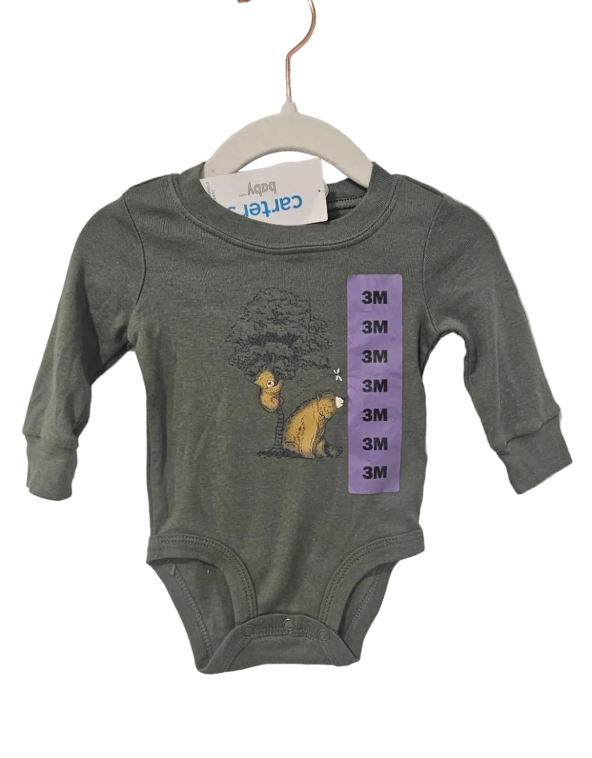 Dark green Carter’s long-sleeve woodland animal bodysuit, size 3 months, new with tags