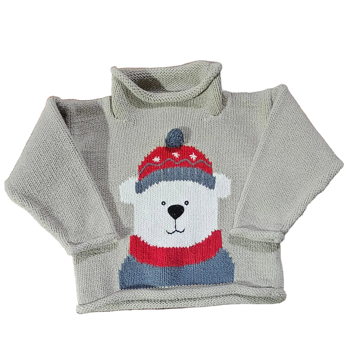 Light neutral Chatham & Co. knit sweater with polar bear in red-and-blue winter hat and scarf