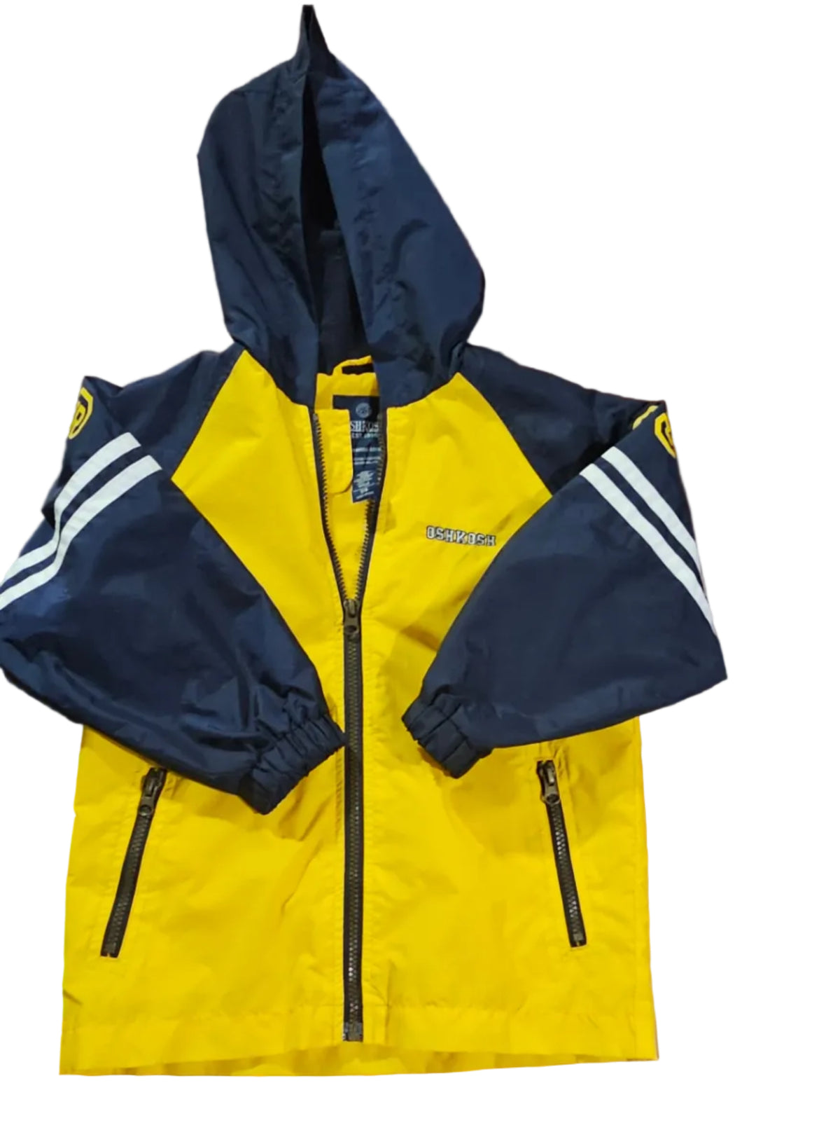 Yellow and navy OshKosh hooded jacket with white sleeve stripes
