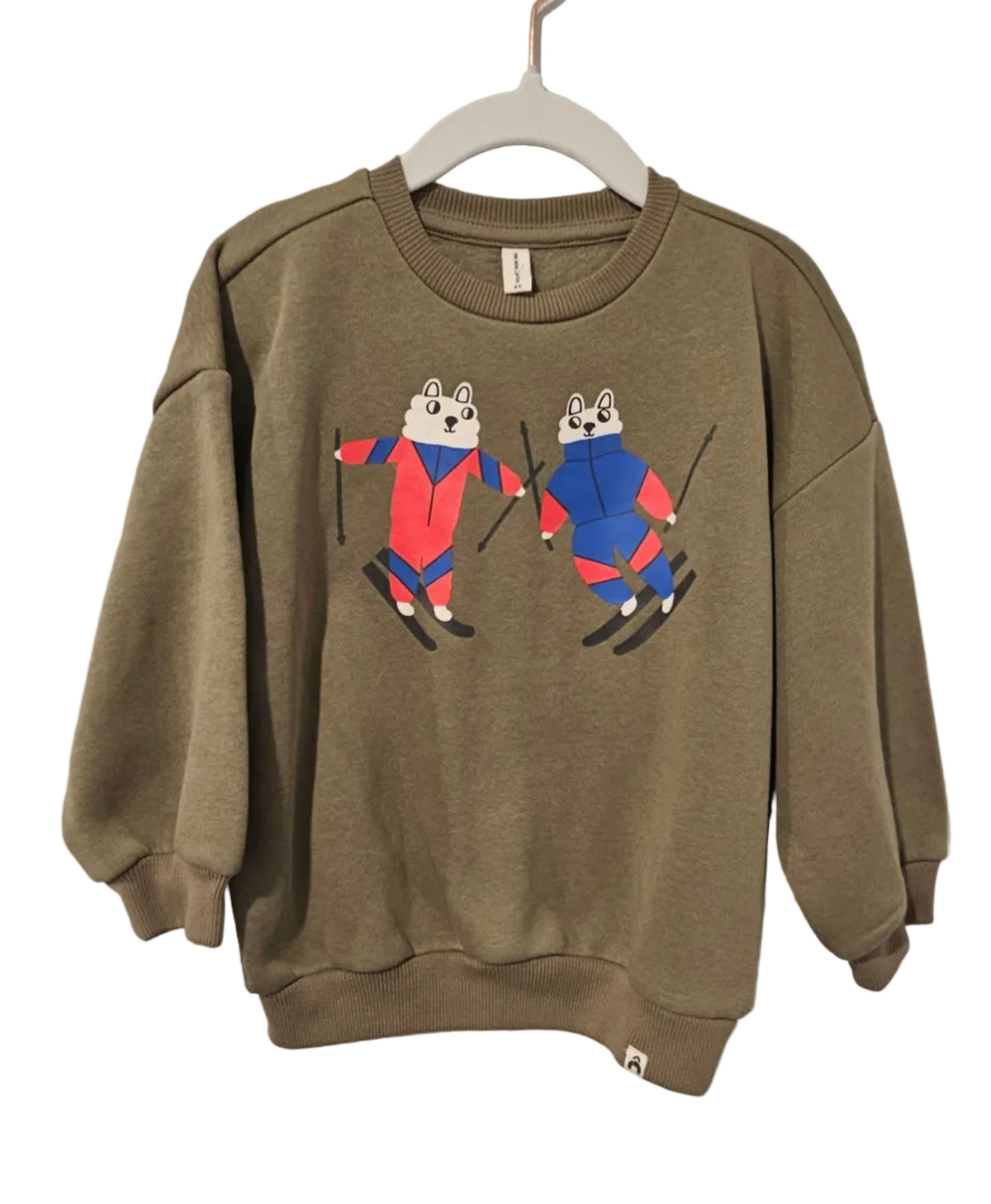 Olive The New Chapter sweatshirt with colourful skiing animals