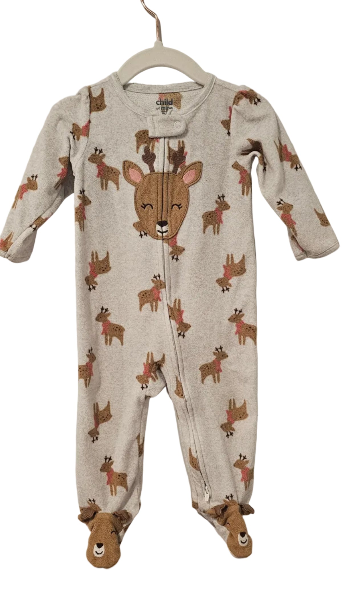 Child of Mine by Carter’s reindeer print footed sleeper with reindeer faces on the chest and feet
