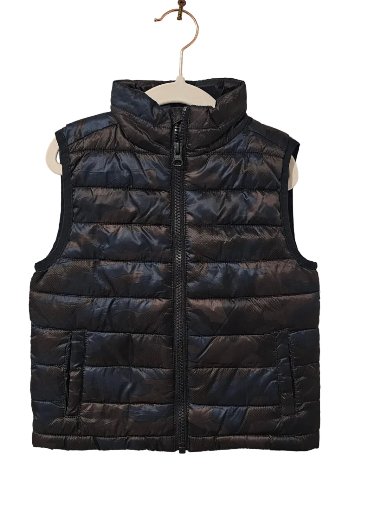 Dark Joe Fresh toddler puffer vest with horizontal quilting, a front zipper, stand-up collar and pockets