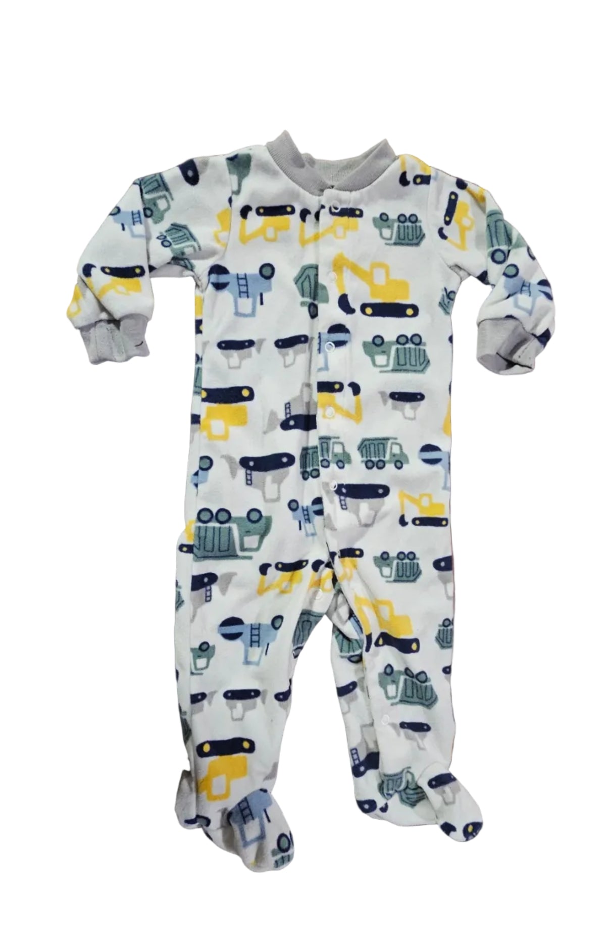 White Carter's footed sleeper with yellow grey and navy construction vehicles