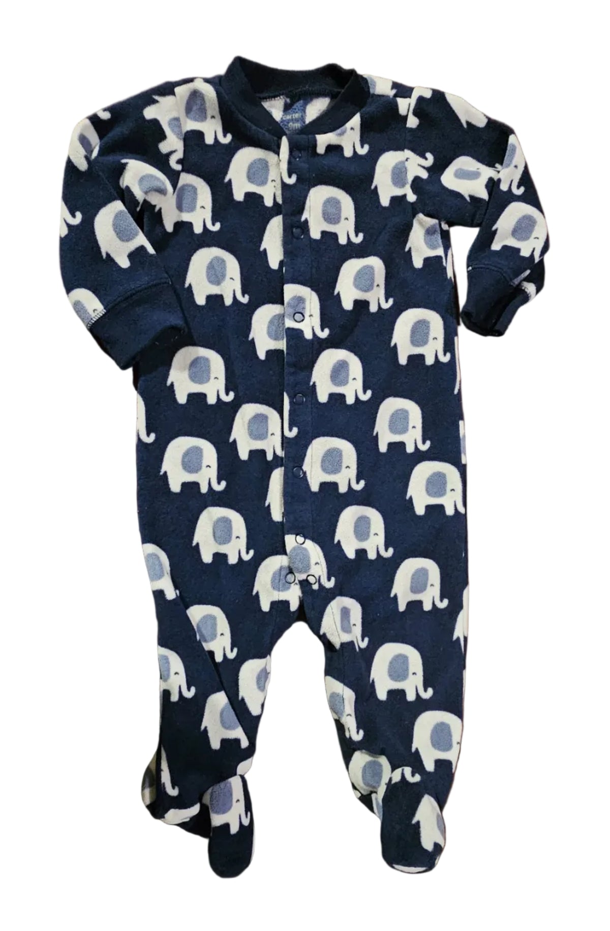 Navy Carter's footed sleeper with white-and-grey elephants