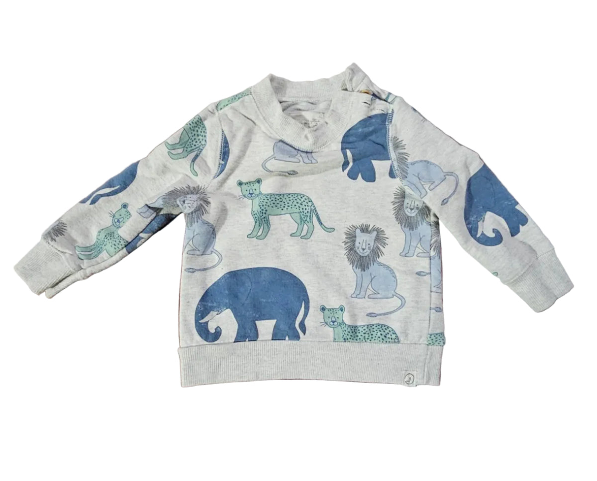 Light grey Little Planet baby sweatshirt with elephants, lions and spotted cats