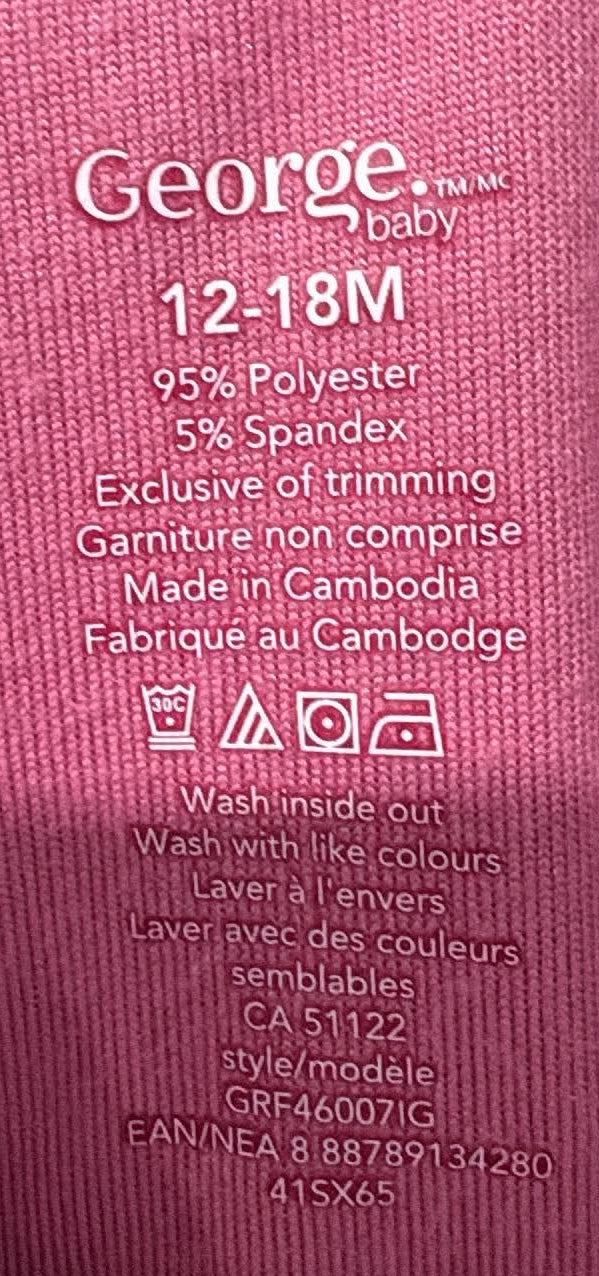 George size and fabric label: 12–18 months, 95% polyester and 5% spandex