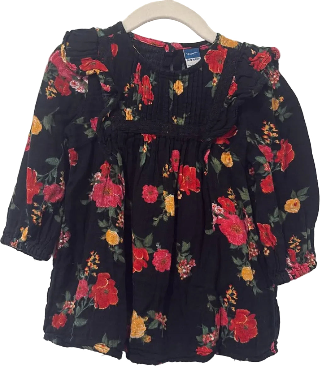 Old Navy dark floral long sleeve dress with red and yellow flowers