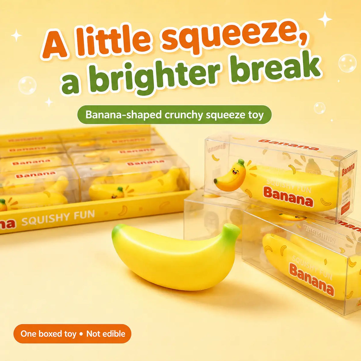 Banana squeeze toy with individual boxes and display tray packaging references; one boxed toy per order