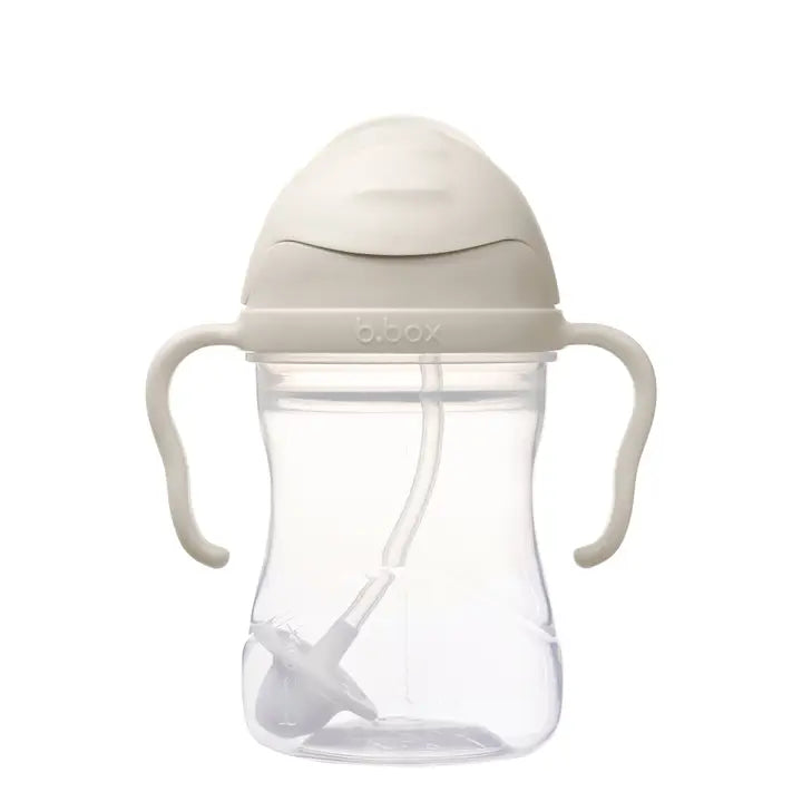 Cream b.box weighted straw cup with two handles and a clear body