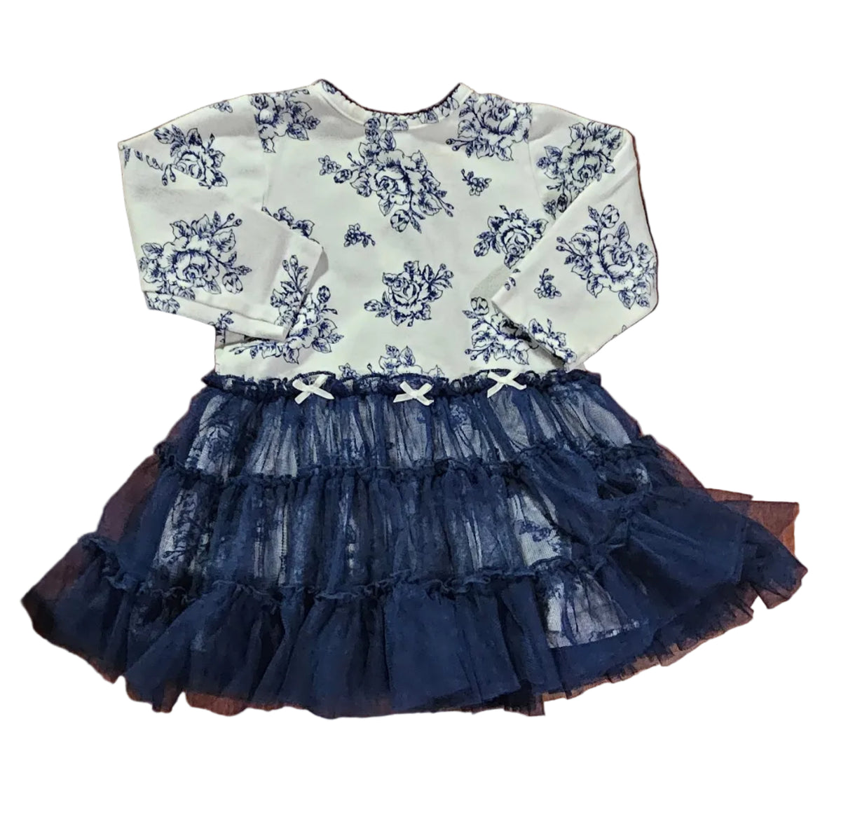 White floral bodice dress with navy tulle tutu skirt