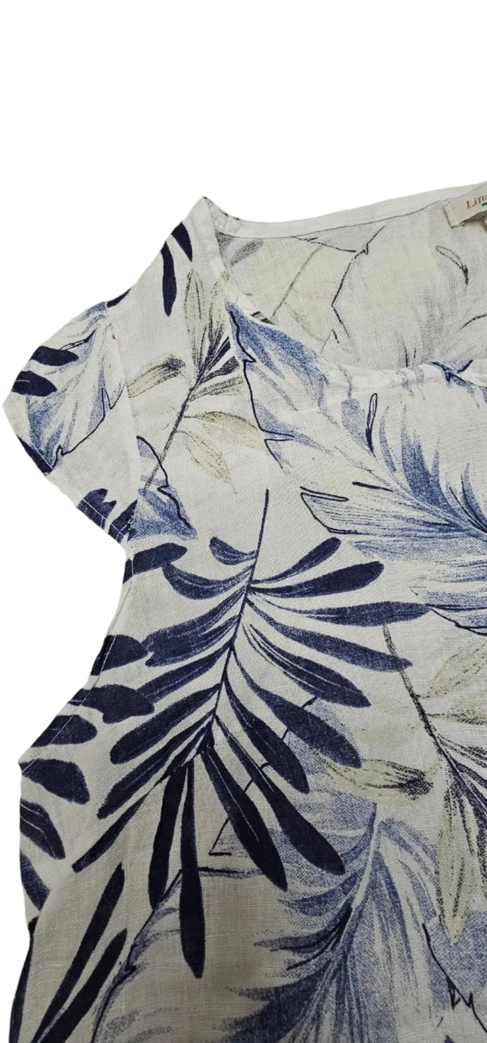 Lina Tomei Blue Leaf Print Linen Top XL