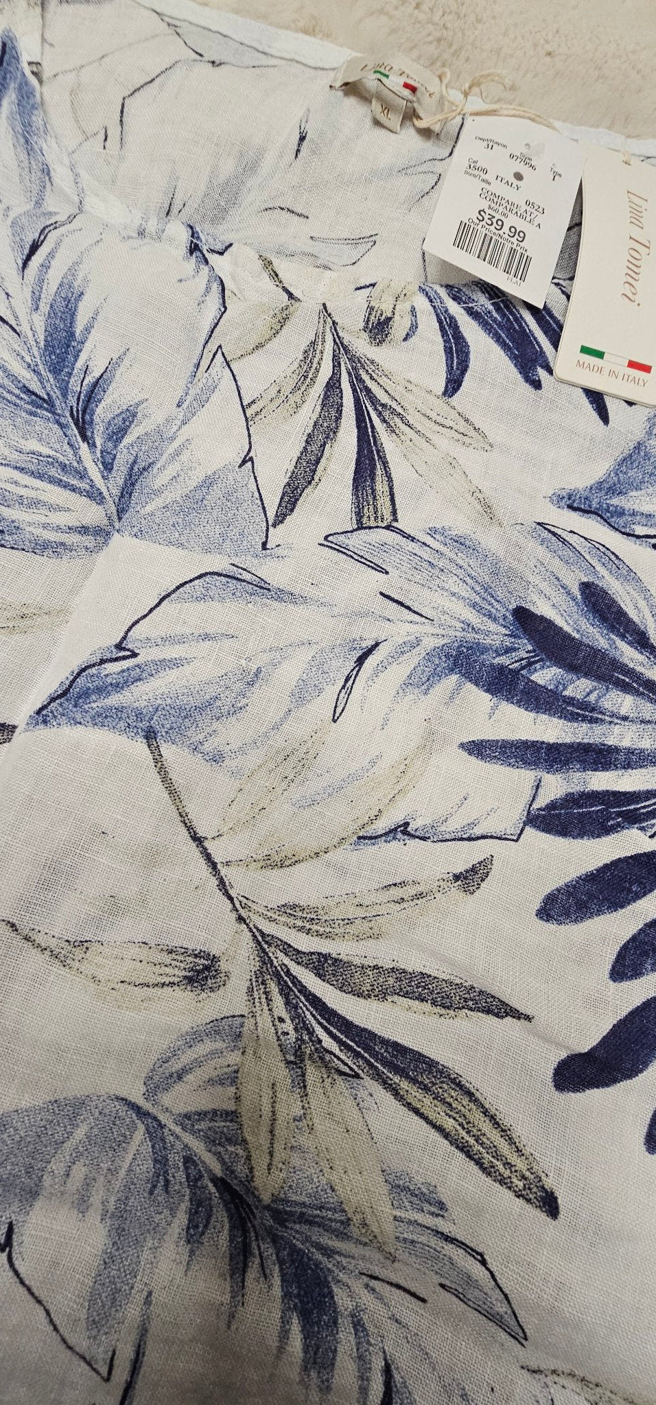 Lina Tomei Blue Leaf Print Linen Top XL