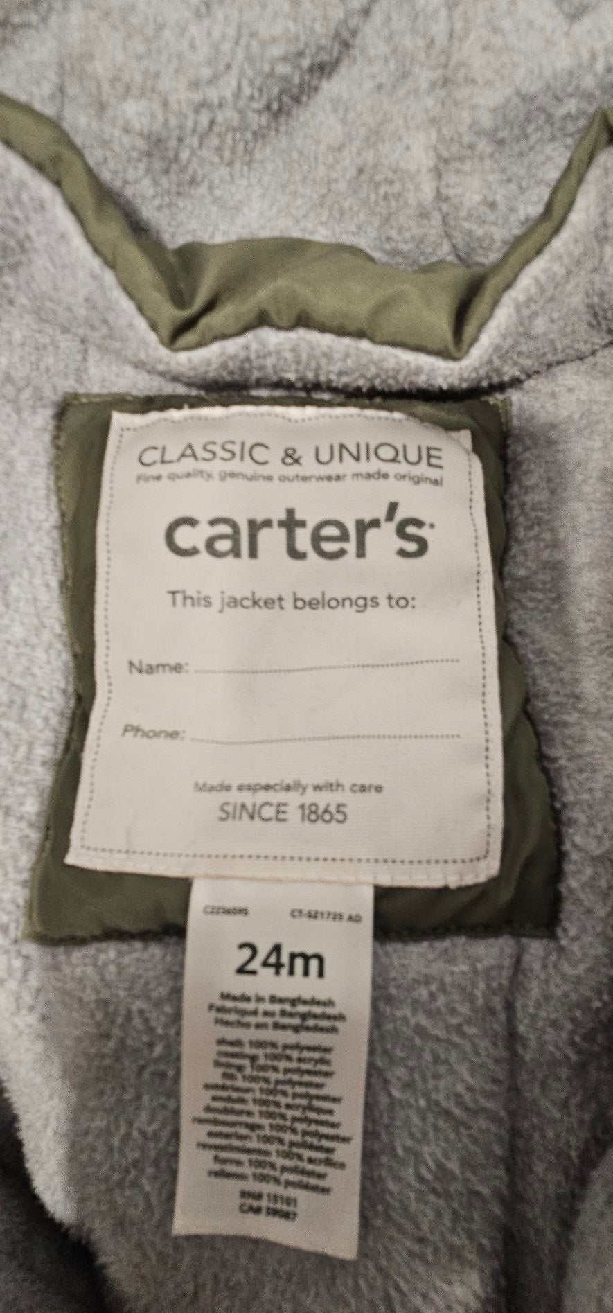 Carter's Olive Green Dinosaur Print Hooded Jacket, 24M – Pre-Loved