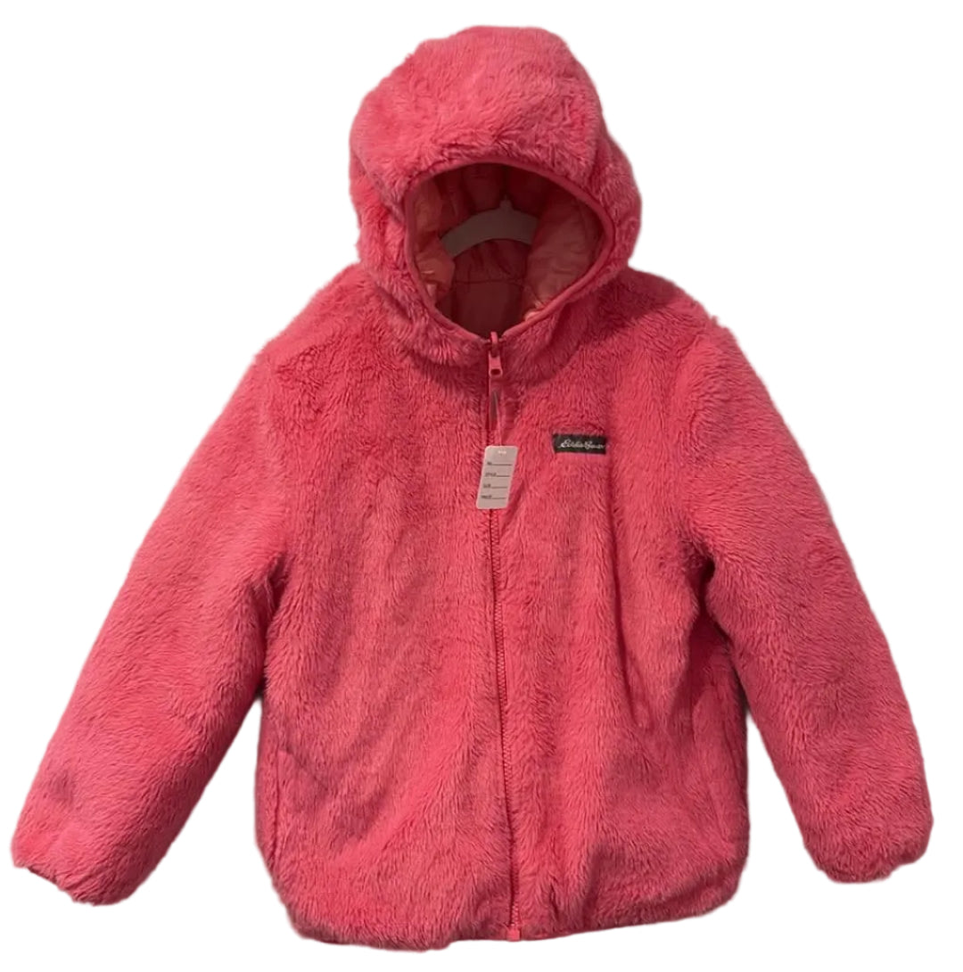 Bright pink fuzzy hooded reversible Eddie Bauer jacket shown on one side