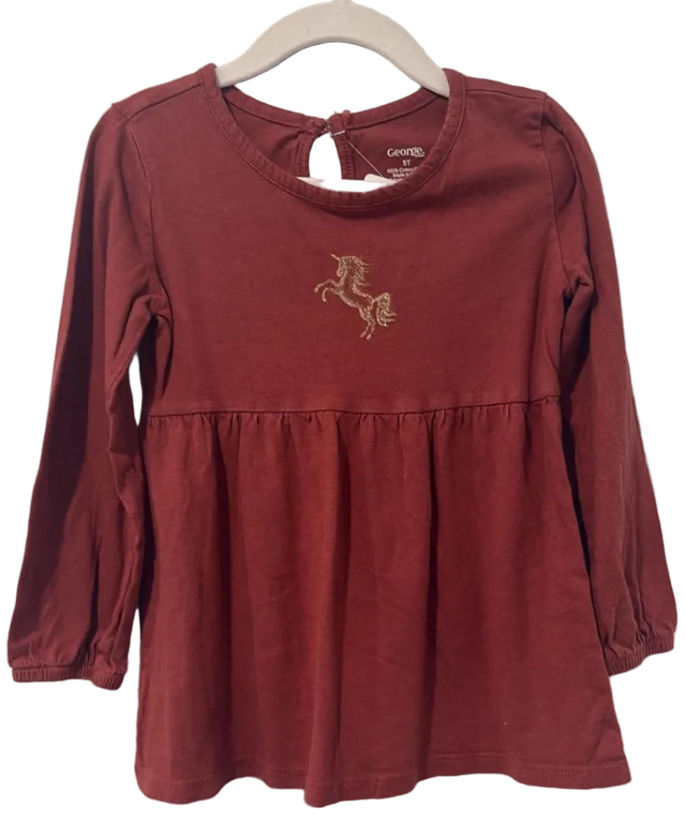 Burgundy George long sleeve peplum top with gold unicorn detail
