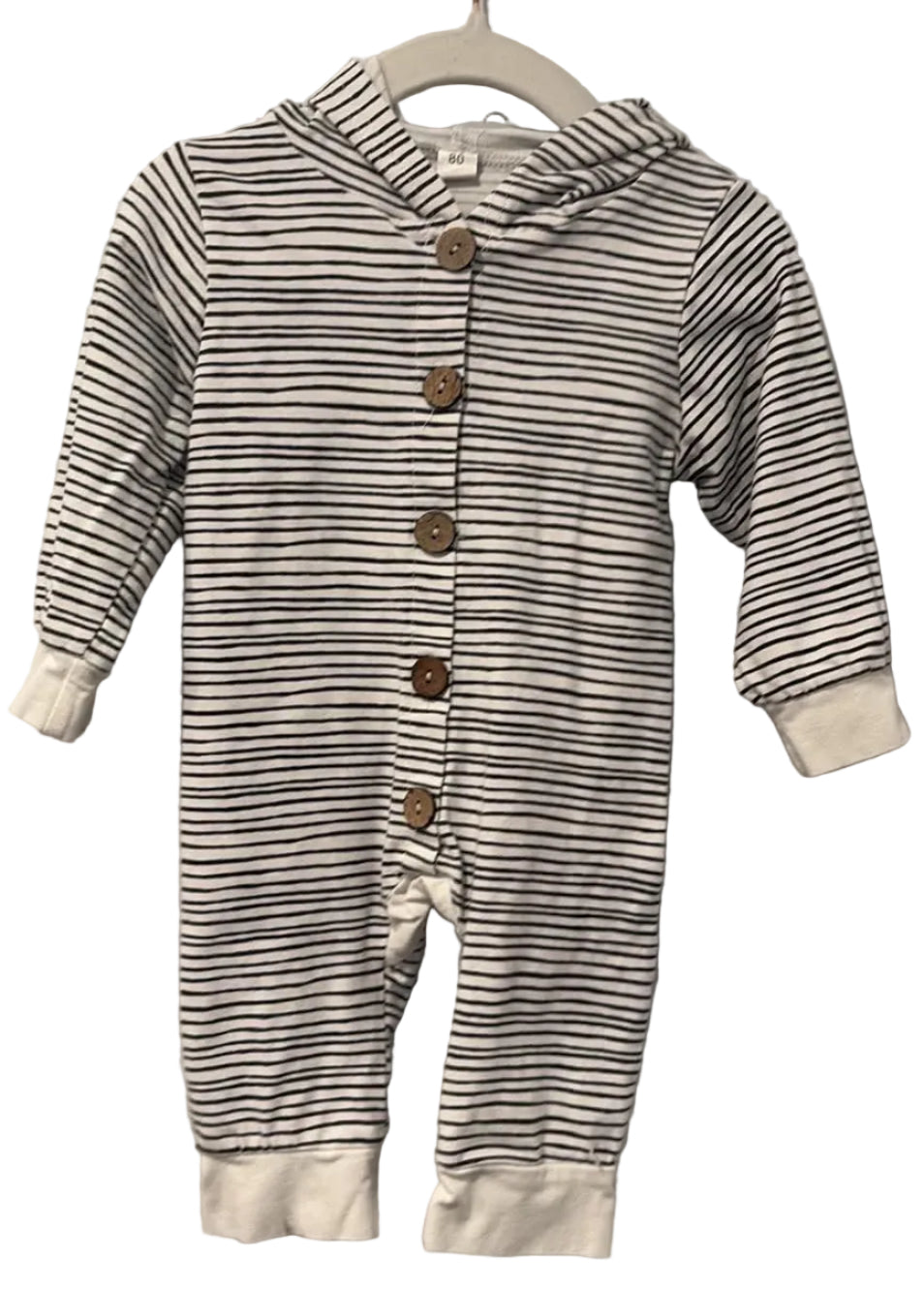 Cream and black striped hooded baby romper with front buttons
