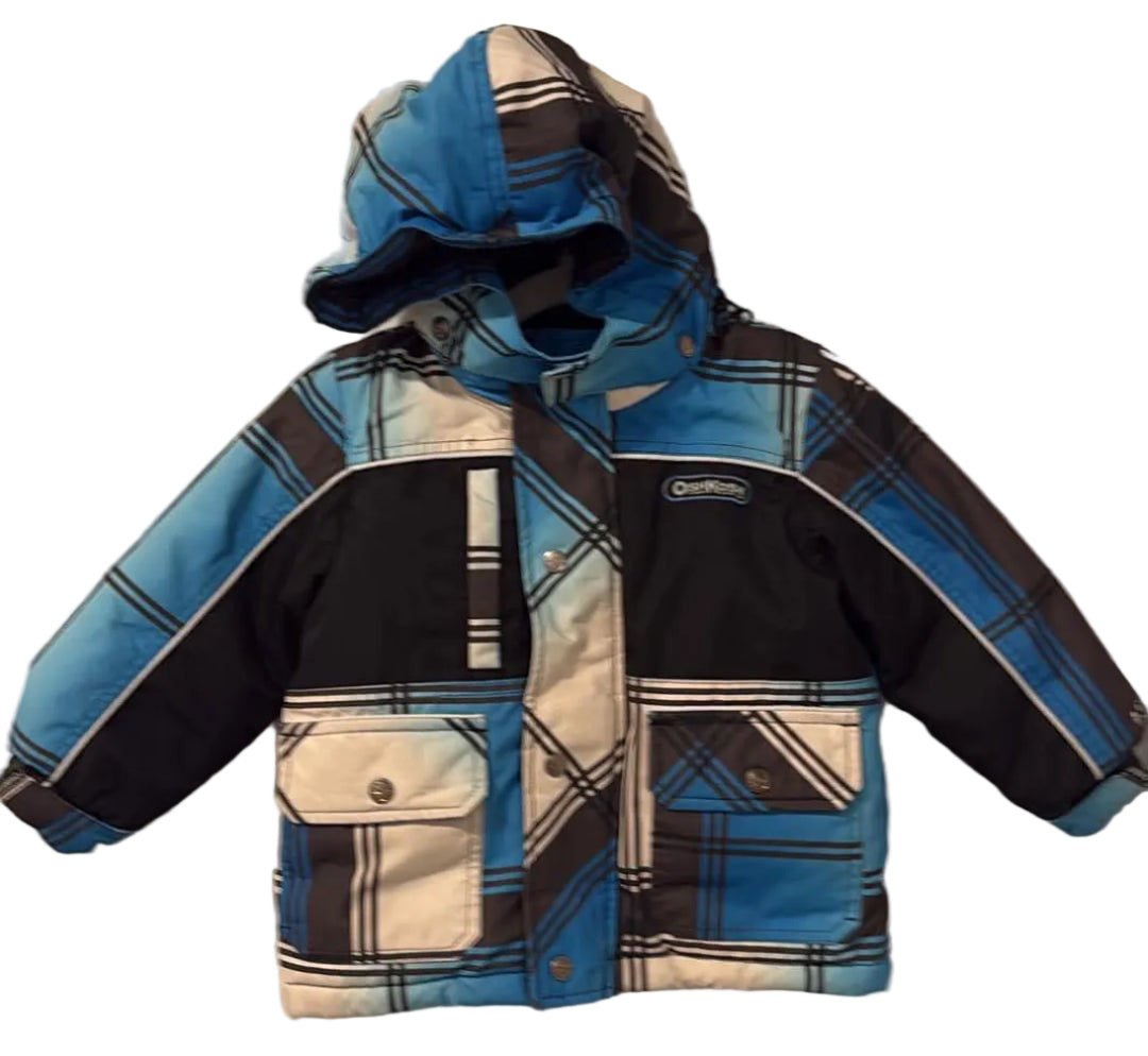 Blue, black and cream plaid hooded OshKosh jacket with front pockets