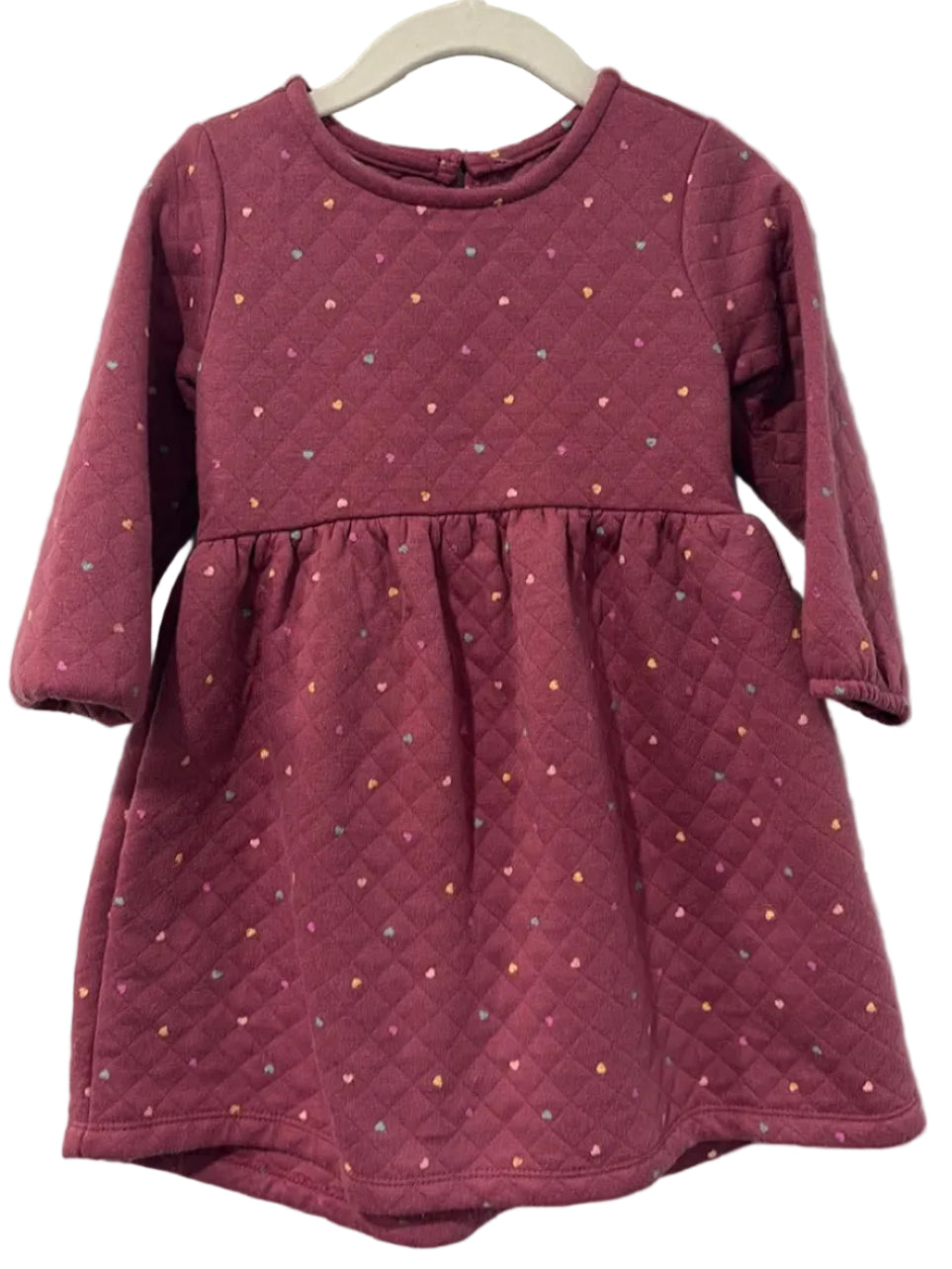 Front of George berry-pink quilted heart-print dress, size 18–24 months