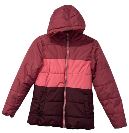 Whales Tail burgundy and coral hooded puffer jacket, front view