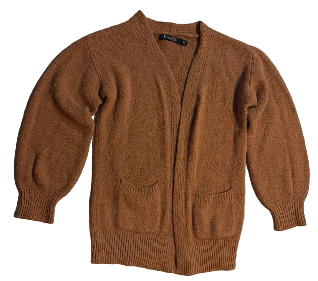 Front of caramel-brown George open-front cardigan size 6 with patch pockets