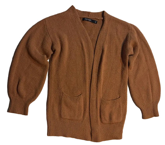 Front of caramel-brown George open-front cardigan size 6 with patch pockets