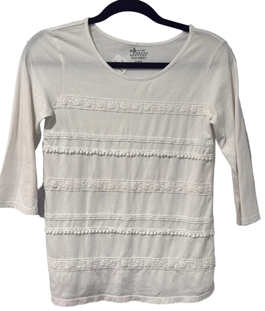 Cream Old Navy three-quarter sleeve top with lace and pom-pom trim