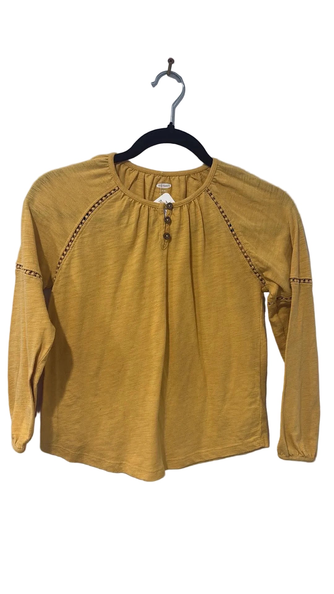 Mustard-yellow Old Navy long sleeve top with buttons and openwork trim