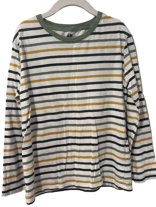 H&M white striped long sleeve tee with sage-green neckline