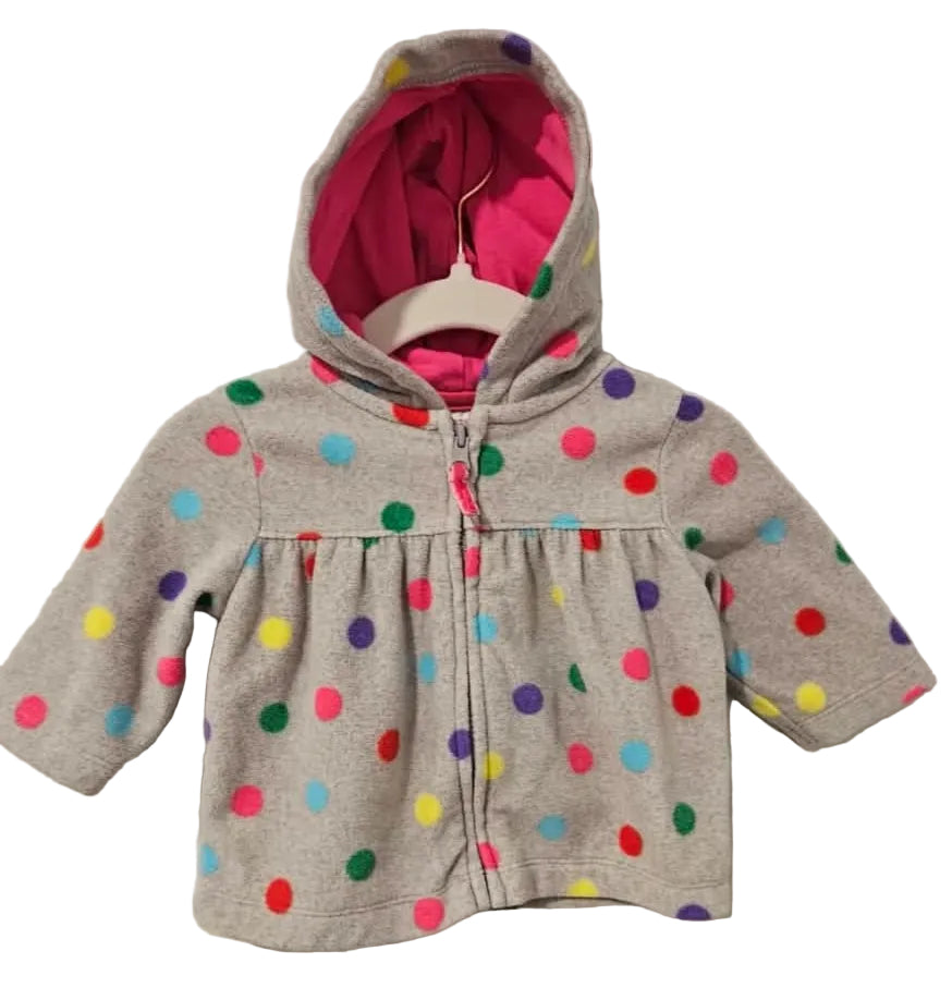 Front of grey Carter’s hooded jacket with colourful polka dots