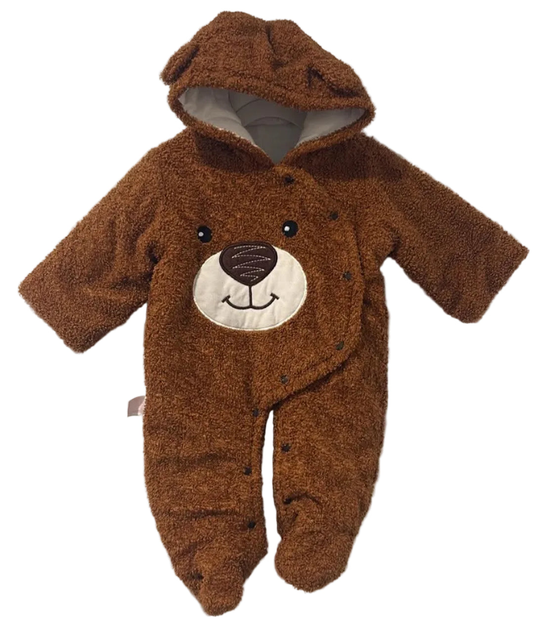 Front of brown teddy bear hooded pram suit