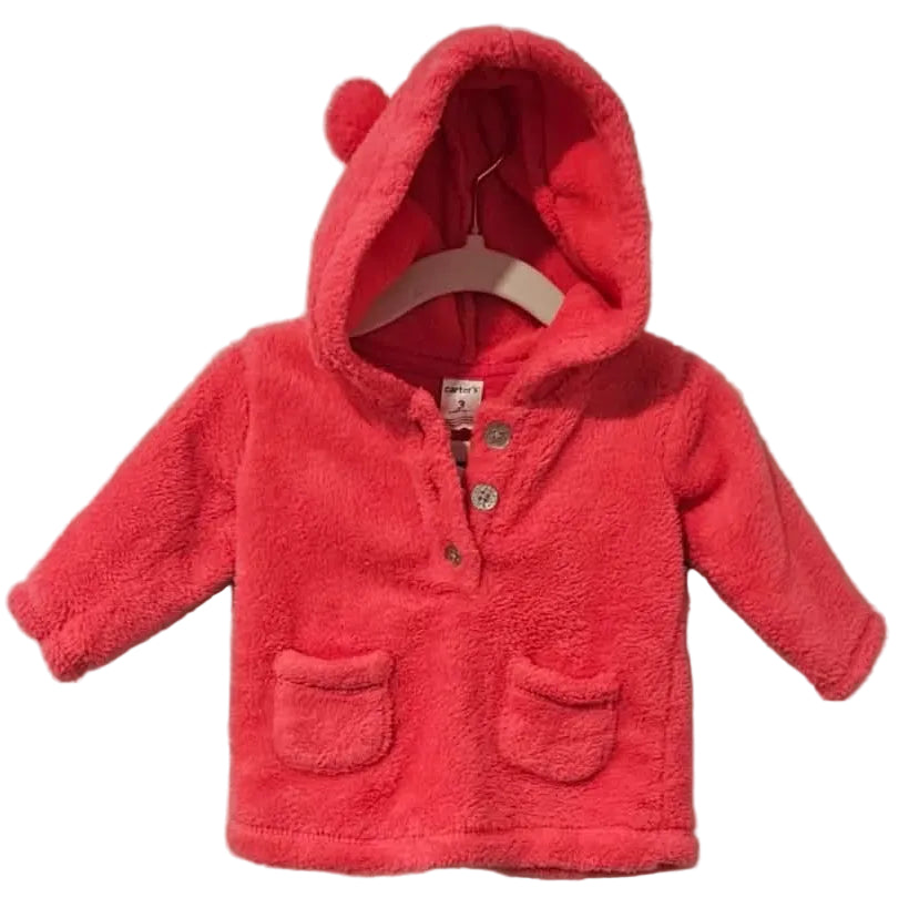 Front of coral pink Carter’s plush hooded jacket