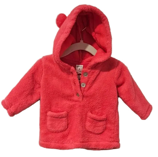 Front of coral pink Carter’s plush hooded jacket