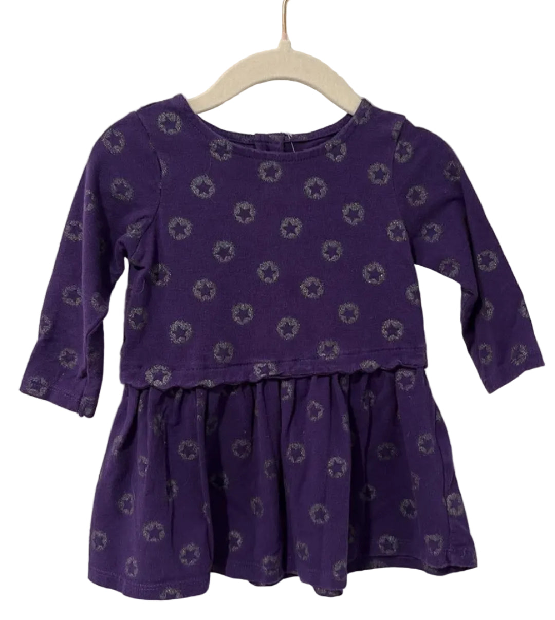 Purple George baby long-sleeve dress with gathered skirt, size 6–12 months