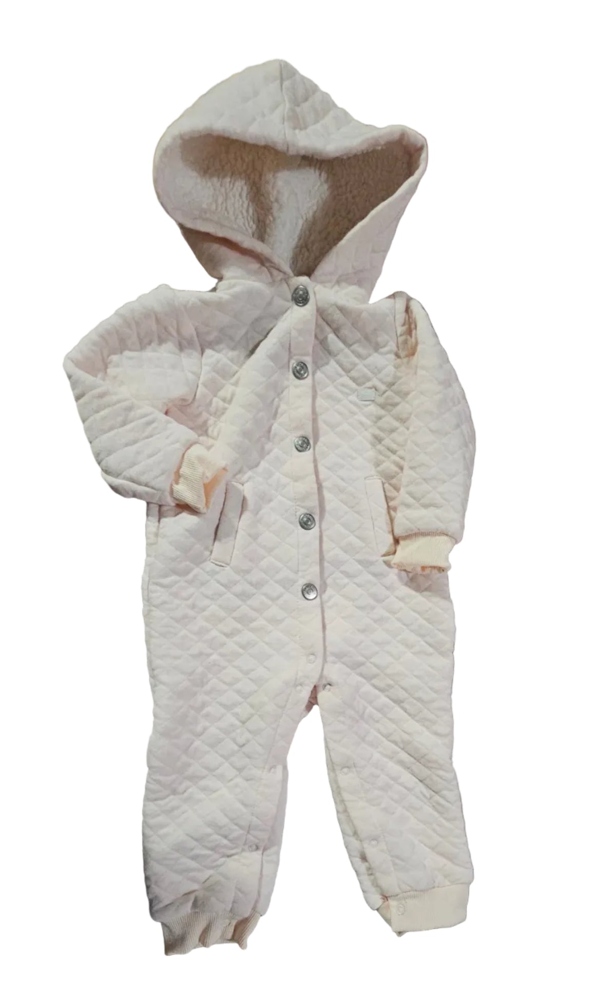 Pale pink quilted hooded baby bunting suit
