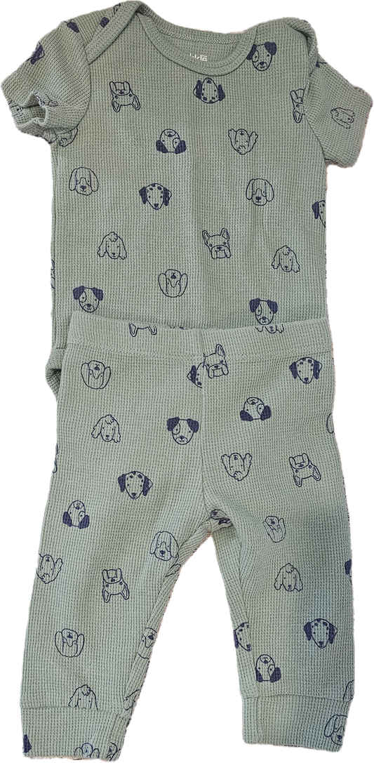 Pekkle Green with Dogs Two Piece Onesie and Pants 6m