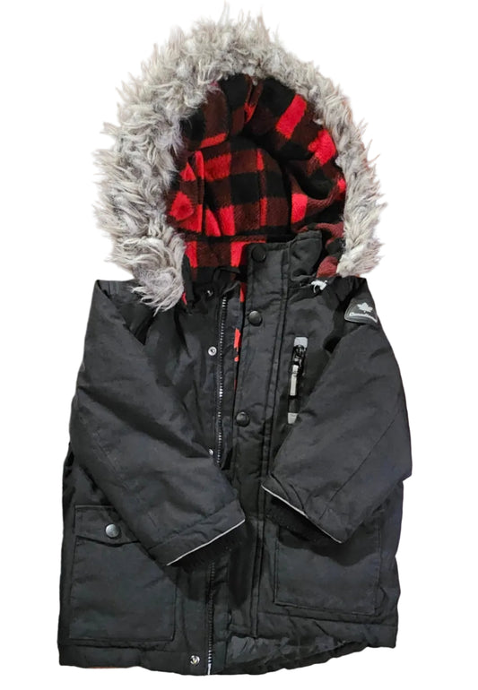 Canadiana Black Parka with Buffalo Plaid Faux Fur Hood 3T