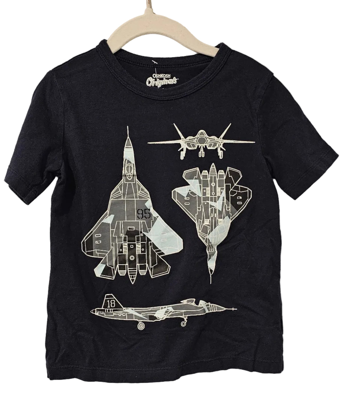 OshKosh Originals navy fighter jet graphic t-shirt on hanger