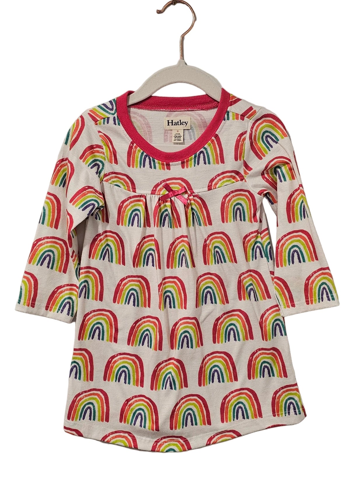 Hatley rainbow print long sleeve dress on hanger