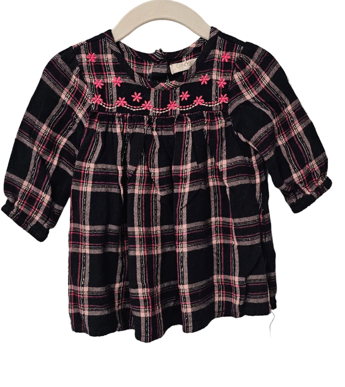 George Navy Plaid Flannel Embroidered Babydoll Top 3-6M