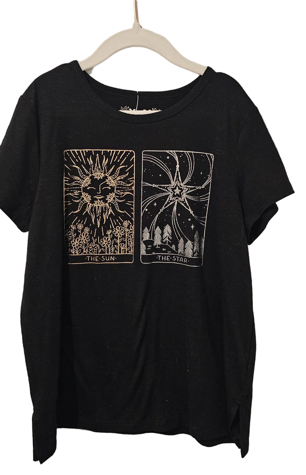 Black short-sleeve Mudd T-shirt with The Sun and The Star illustrated panels on front